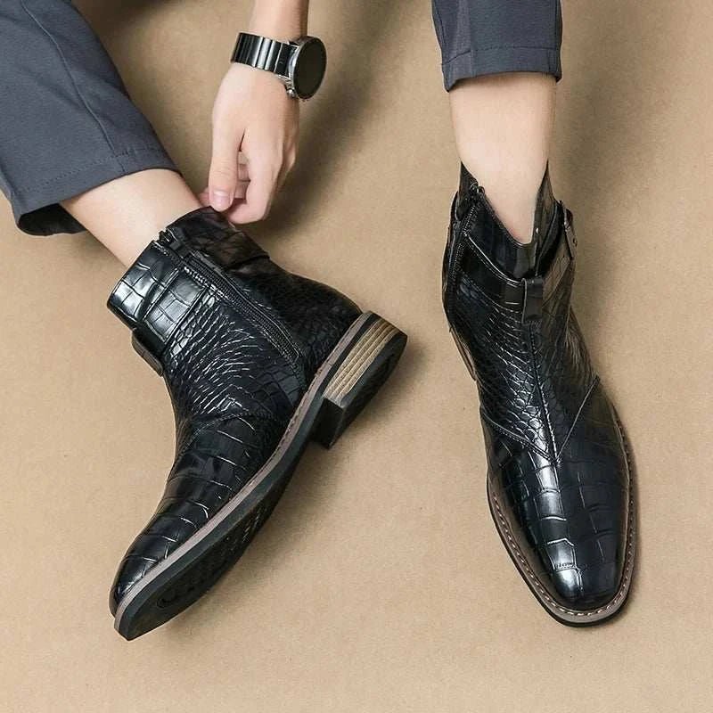 Men's Crocodile Pattern Leather Ankle Boots Brown Buckle Strap — Image 16