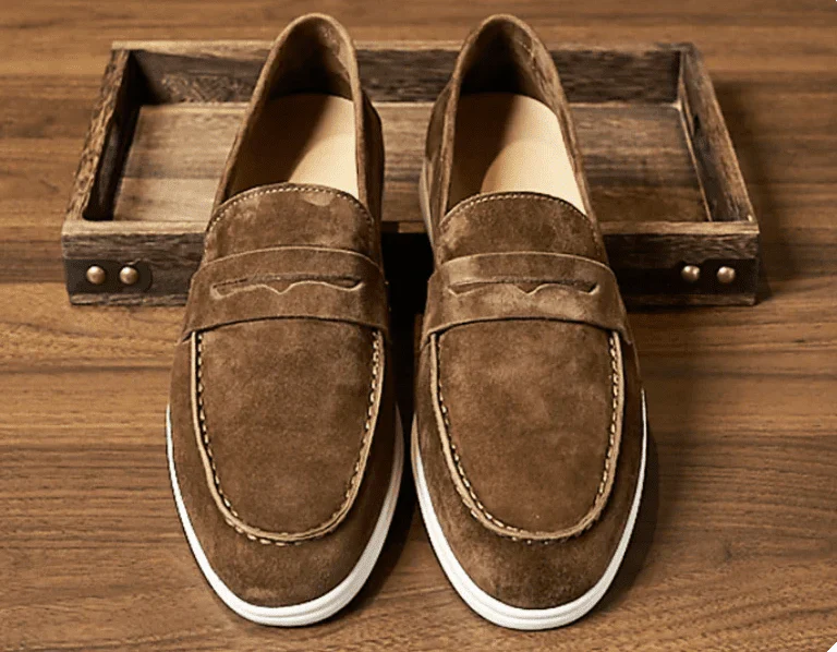 Men's Suede Penny Loafers Brown Slip-On Dress Shoes Comfortable Rubber Sole — Image 3