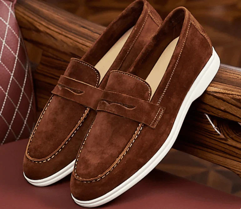 Men's Suede Penny Loafers Brown Slip-On Dress Shoes Comfortable Rubber Sole — Image 2