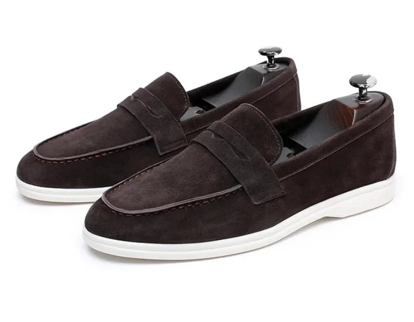 Men's Suede Penny Loafers Brown Slip-On Dress Shoes Comfortable Rubber Sole — Image 6