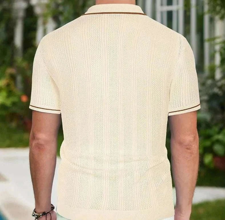 Men's Knit Polo Shirt Short Sleeve Cotton Blend Casual Button-Down Top Beige — Image 5