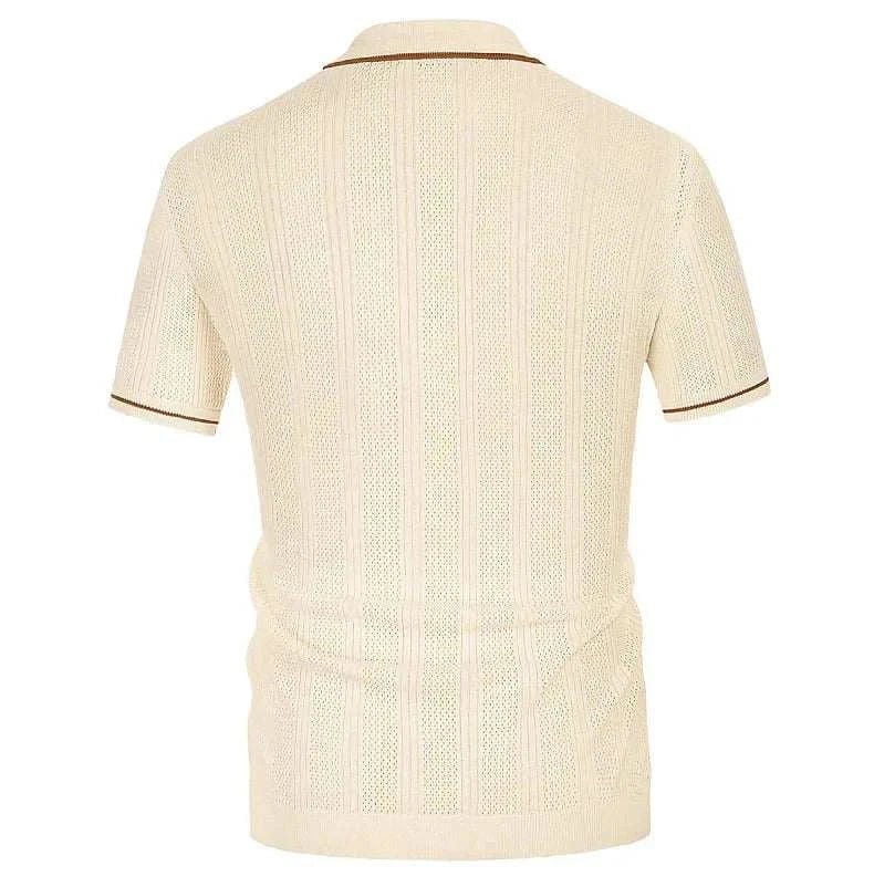 Men's Knit Polo Shirt Short Sleeve Cotton Blend Casual Button-Down Top Beige — Image 6