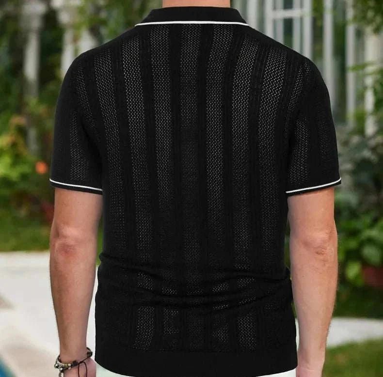 Men's Knit Polo Shirt Short Sleeve Cotton Blend Casual Button-Down Top Beige — Image 7