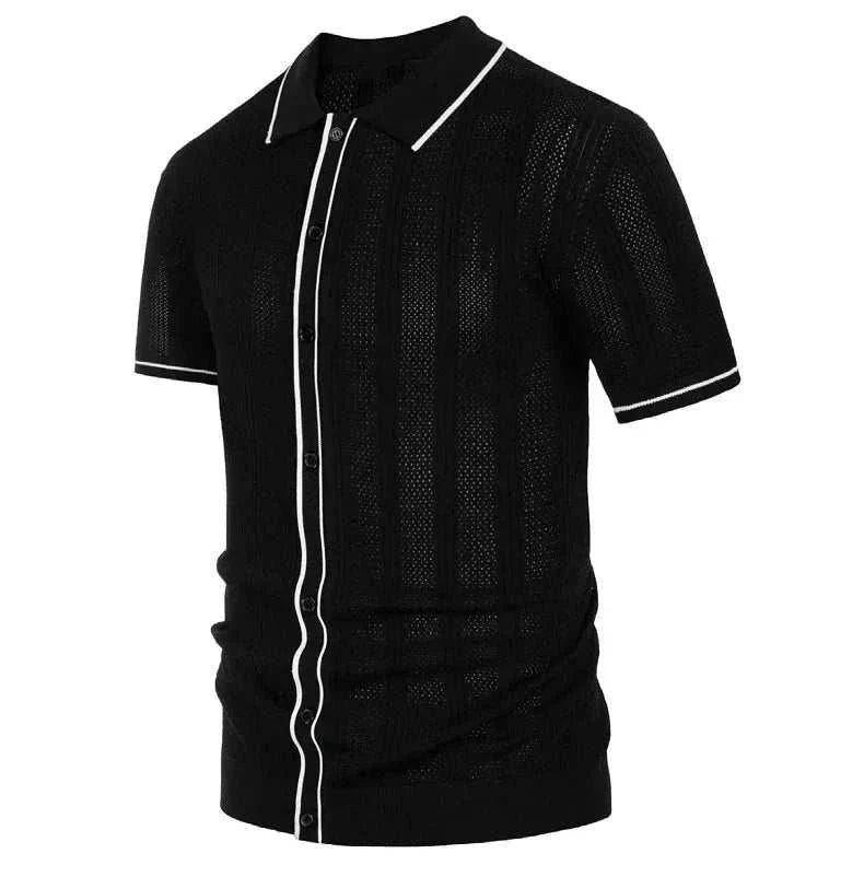 Men's Knit Polo Shirt Short Sleeve Cotton Blend Casual Button-Down Top Beige — Image 8