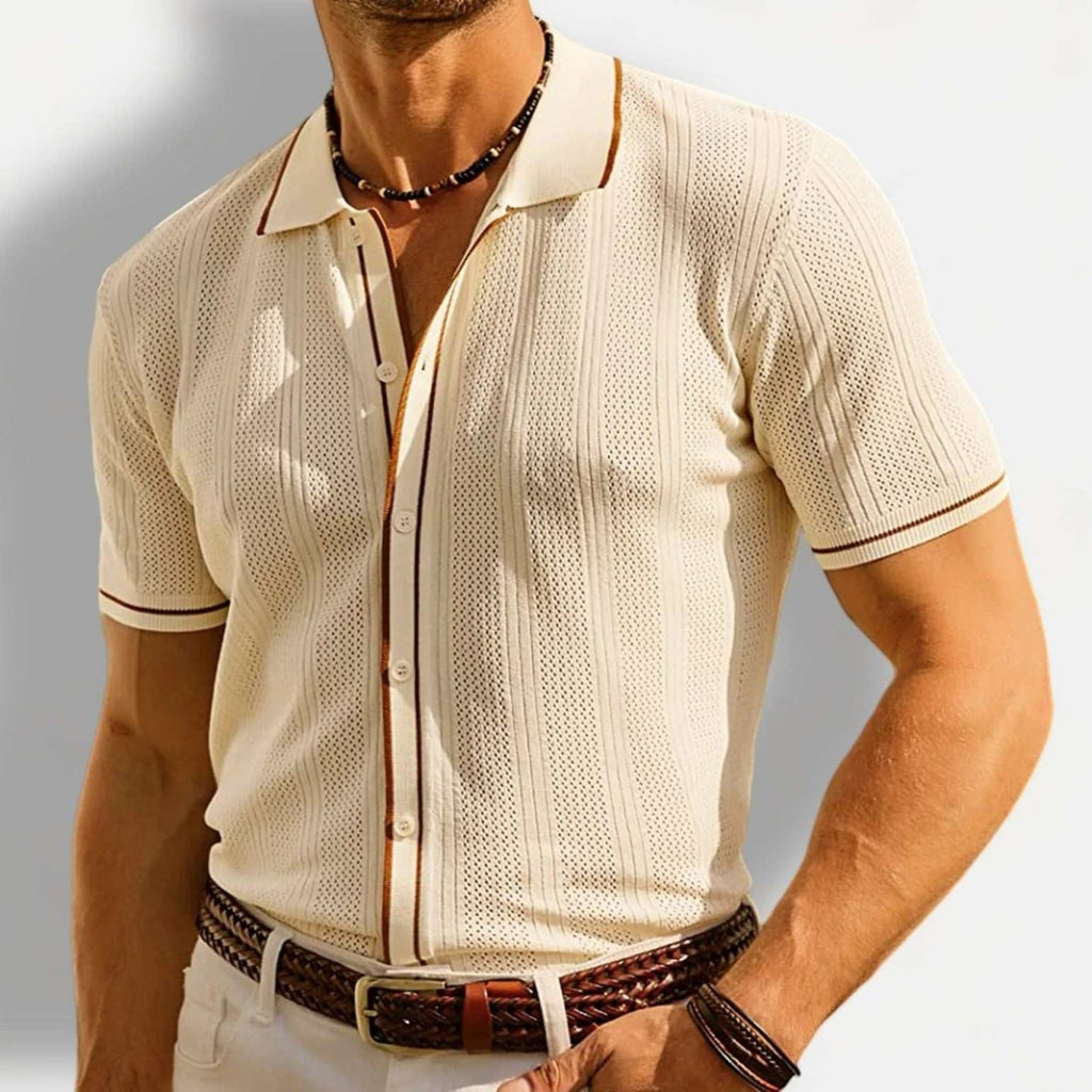 Men's Knit Polo Shirt Short Sleeve Cotton Blend Casual Button-Down Top Beige — Main Image