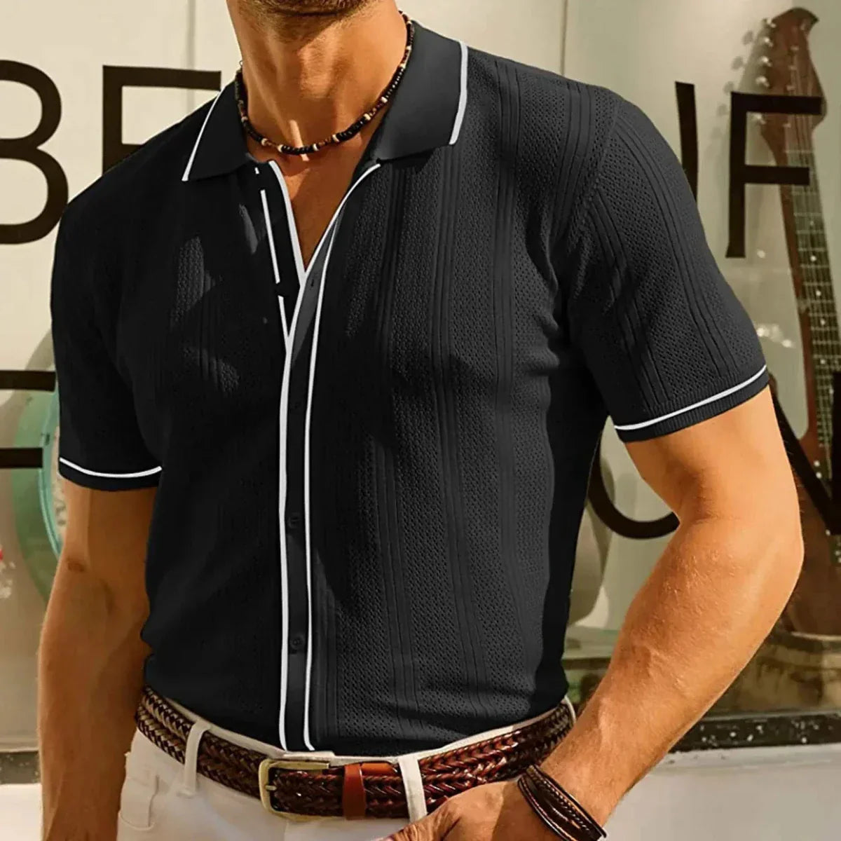 Men's Knit Polo Shirt Short Sleeve Cotton Blend Casual Button-Down Top Beige — Image 3