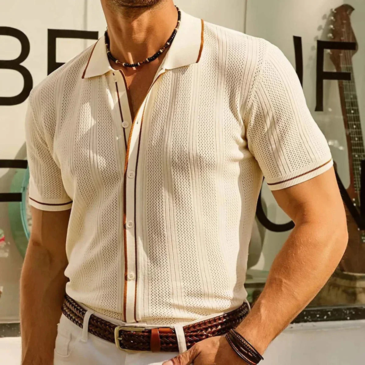 Men's Knit Polo Shirt Short Sleeve Cotton Blend Casual Button-Down Top Beige — Image 2