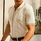 Men's Knit Polo Shirt Short Sleeve Cotton Blend Casual Button-Down Top Beige — Image 4