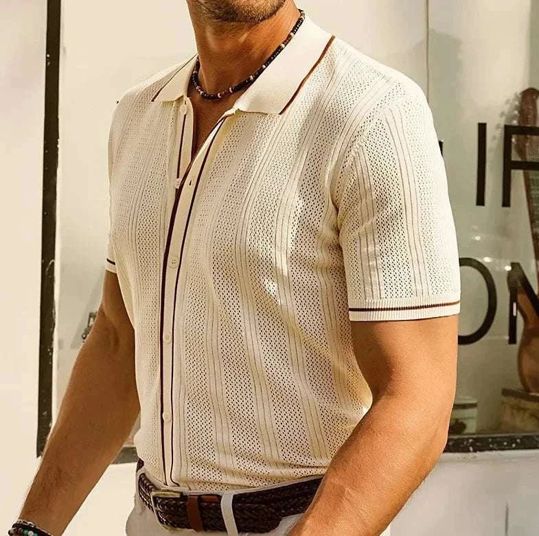 Men's Knit Polo Shirt Short Sleeve Cotton Blend Casual Button-Down Top Beige — Image 4