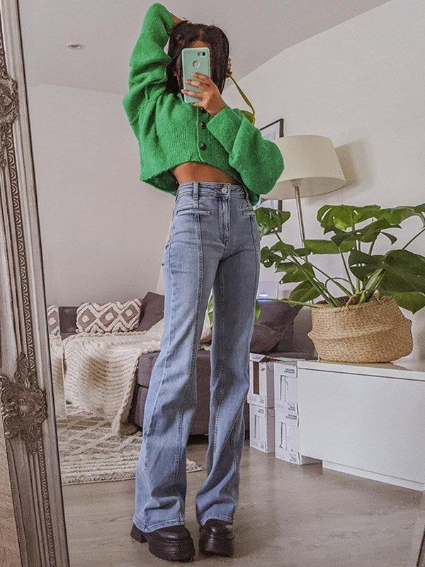 Women's Star Patch Flare Jeans - Light Blue Denim, High Waist, Red Star Detail — Image 5