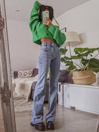 Women's Star Patch Flare Jeans - Light Blue Denim, High Waist, Red Star Detail — Image 5