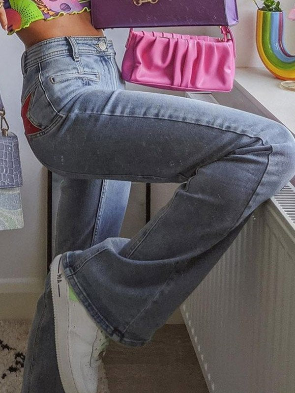 Women's Star Patch Flare Jeans - Light Blue Denim, High Waist, Red Star Detail — Image 4