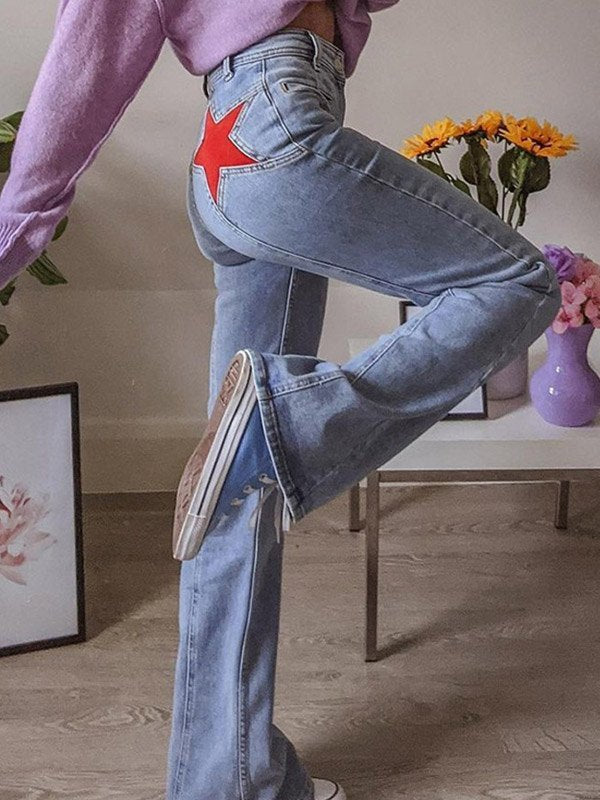 Women's Star Patch Flare Jeans - Light Blue Denim, High Waist, Red Star Detail — Main Image