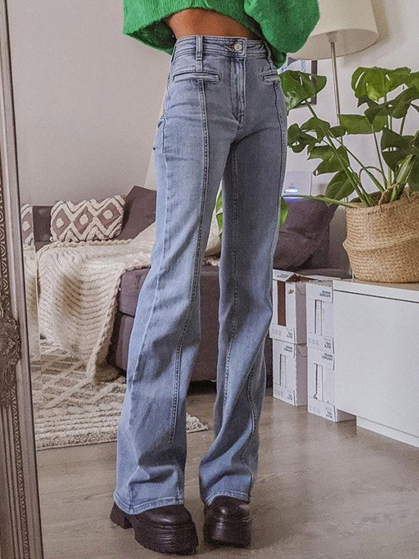 Women's Star Patch Flare Jeans - Light Blue Denim, High Waist, Red Star Detail — Image 2