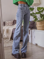 Women's Star Patch Flare Jeans - Light Blue Denim, High Waist, Red Star Detail — Image 2