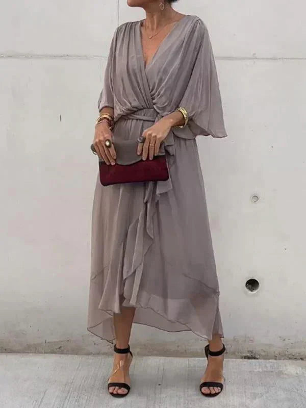 Elegant V-Neck Chiffon Midi Dress in multiple colors, flowy design, sizes S-XL — Image 6