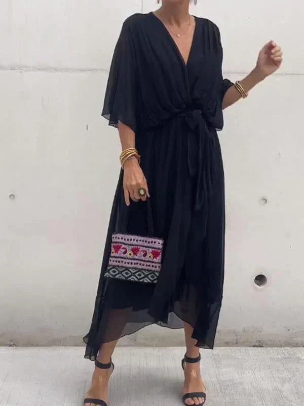 Elegant V-Neck Chiffon Midi Dress in multiple colors, flowy design, sizes S-XL — Image 2
