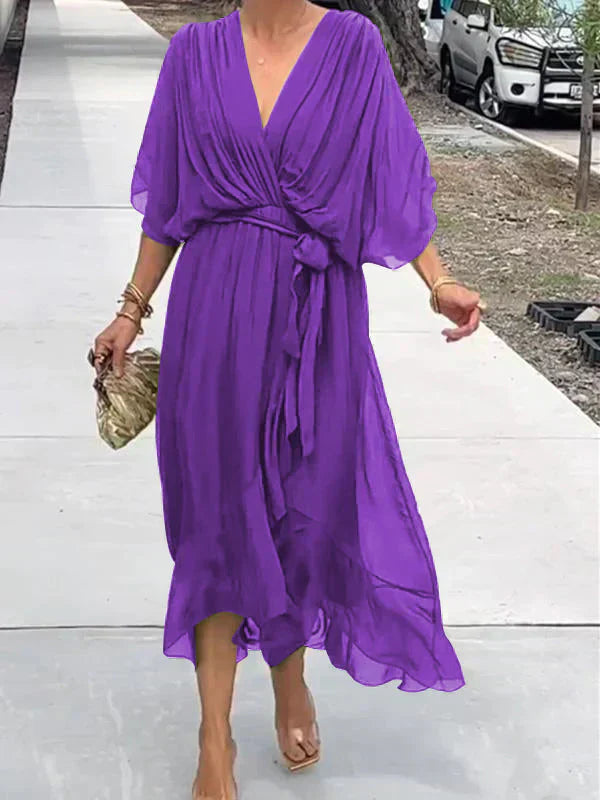 Elegant V-Neck Chiffon Midi Dress in multiple colors, flowy design, sizes S-XL — Image 4