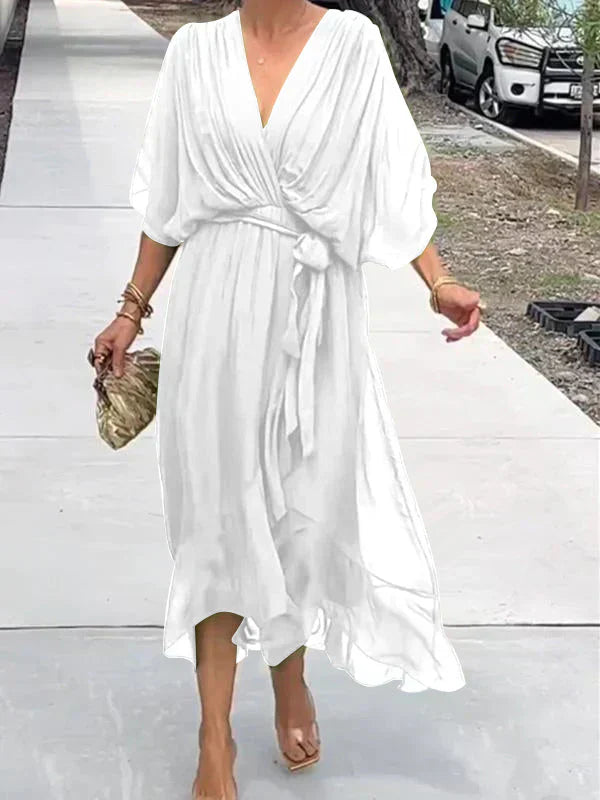 Elegant V-Neck Chiffon Midi Dress in multiple colors, flowy design, sizes S-XL — Image 7
