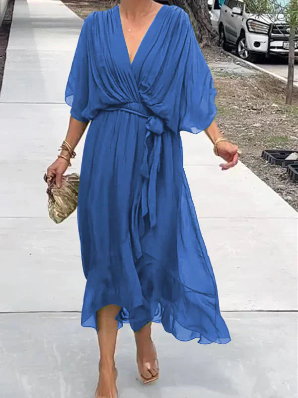 Elegant V-Neck Chiffon Midi Dress in multiple colors, flowy design, sizes S-XL — Image 3