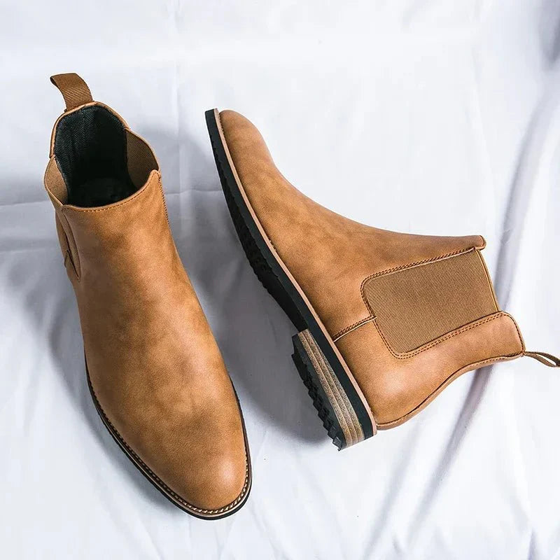Men's Chelsea Ankle Boots Faux Leather Slip-On Dress Boots Elastic Gusset Brown Black — Image 2