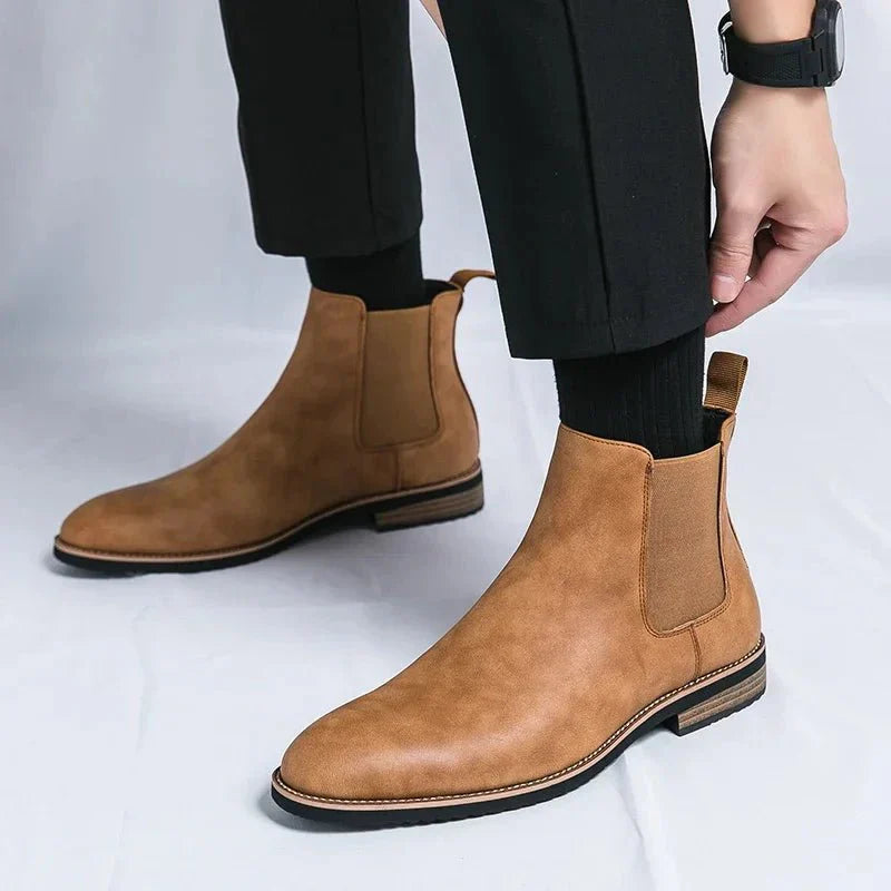 Men's Chelsea Ankle Boots Faux Leather Slip-On Dress Boots Elastic Gusset Brown Black — Image 4