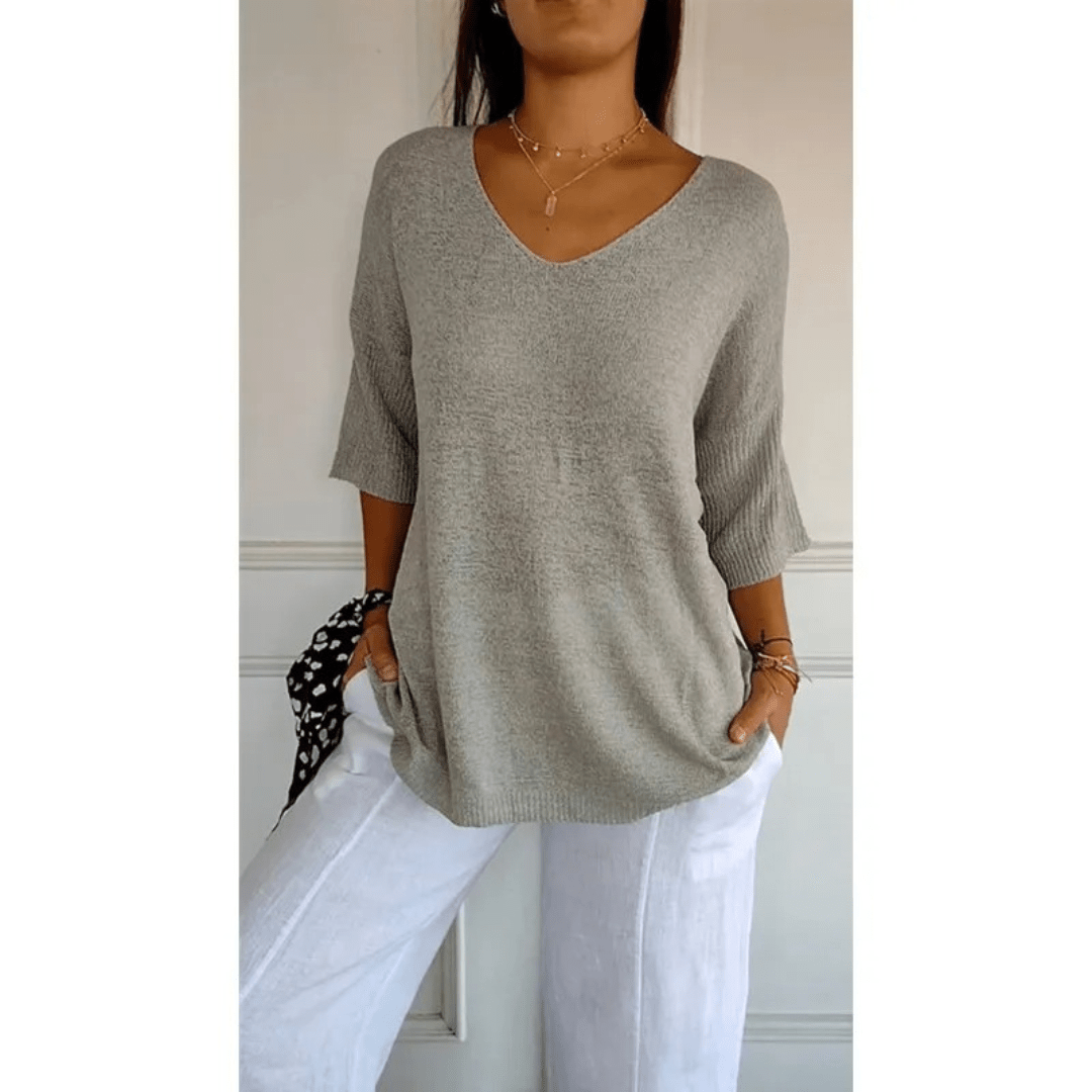 Women's Casual V-Neck Knit Sweater in Cotton Blend, Available in Various Colors — Image 3