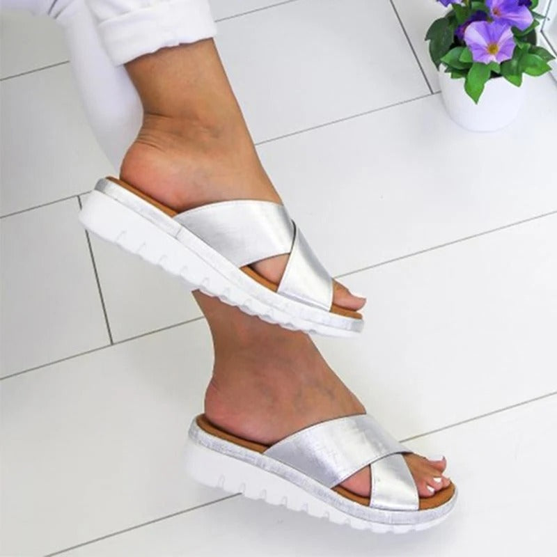 Women's Cross-Strap Slip-On Sandals - Metallic, Green, Black - Comfortable & Trendy — Image 4