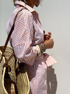 Striped Cotton Shirt Dress with Straw Tote Bag, Pink/Blue, Lightweight, Casual — Image 4