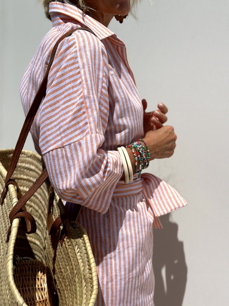 Striped Cotton Shirt Dress with Straw Tote Bag, Pink/Blue, Lightweight, Casual — Image 4