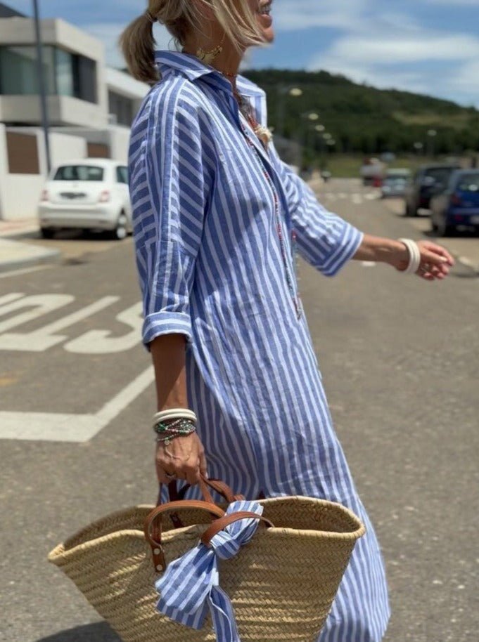 Striped Cotton Shirt Dress with Straw Tote Bag, Pink/Blue, Lightweight, Casual — Image 2