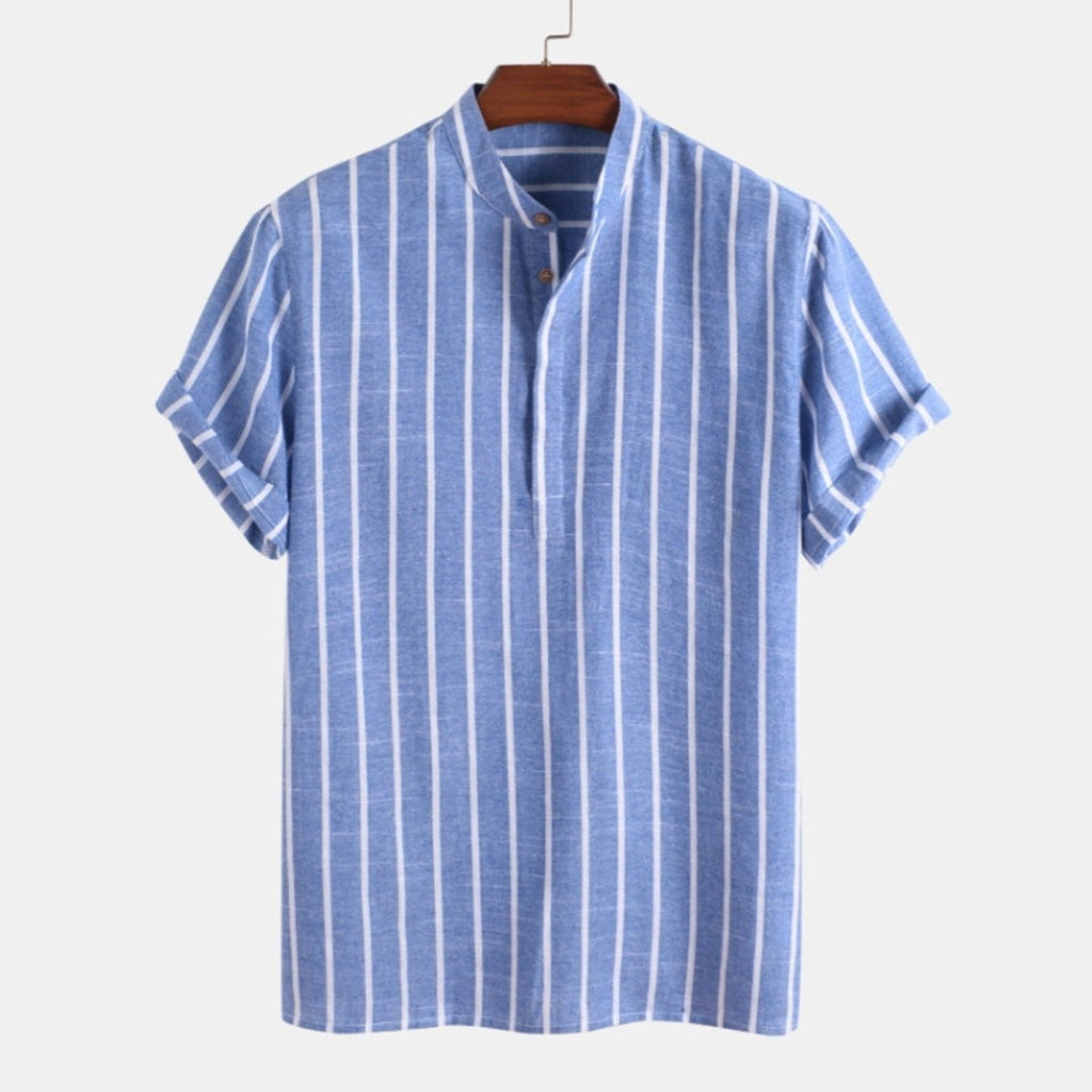 Men's Striped Henley Shirt Cotton Blend Short Sleeve Mandarin Collar Casual Summer Top — Image 2