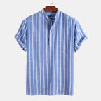 Men's Striped Henley Shirt Cotton Blend Short Sleeve Mandarin Collar Casual Summer Top — Image 2