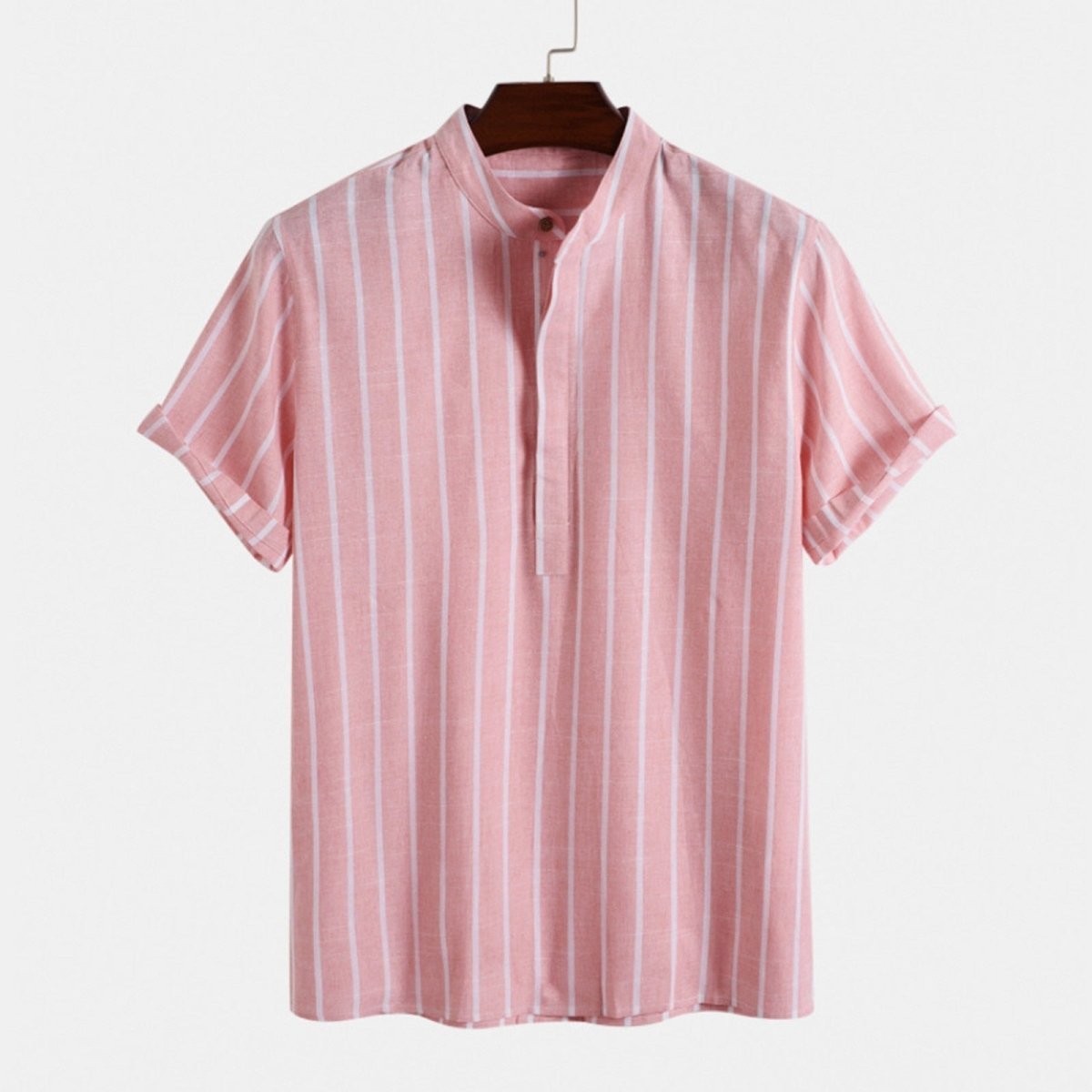 Men's Striped Henley Shirt Cotton Blend Short Sleeve Mandarin Collar Casual Summer Top — Image 5