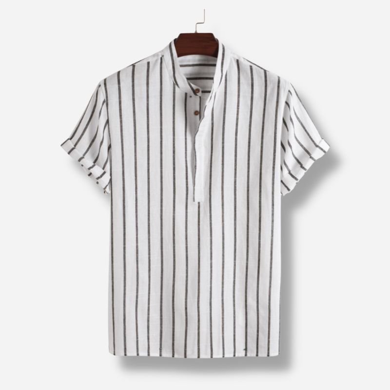 Men's Striped Henley Shirt Cotton Blend Short Sleeve Mandarin Collar Casual Summer Top — Main Image
