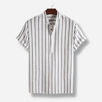 Men's Striped Henley Shirt Cotton Blend Short Sleeve Mandarin Collar Casual Summer Top — Main Image