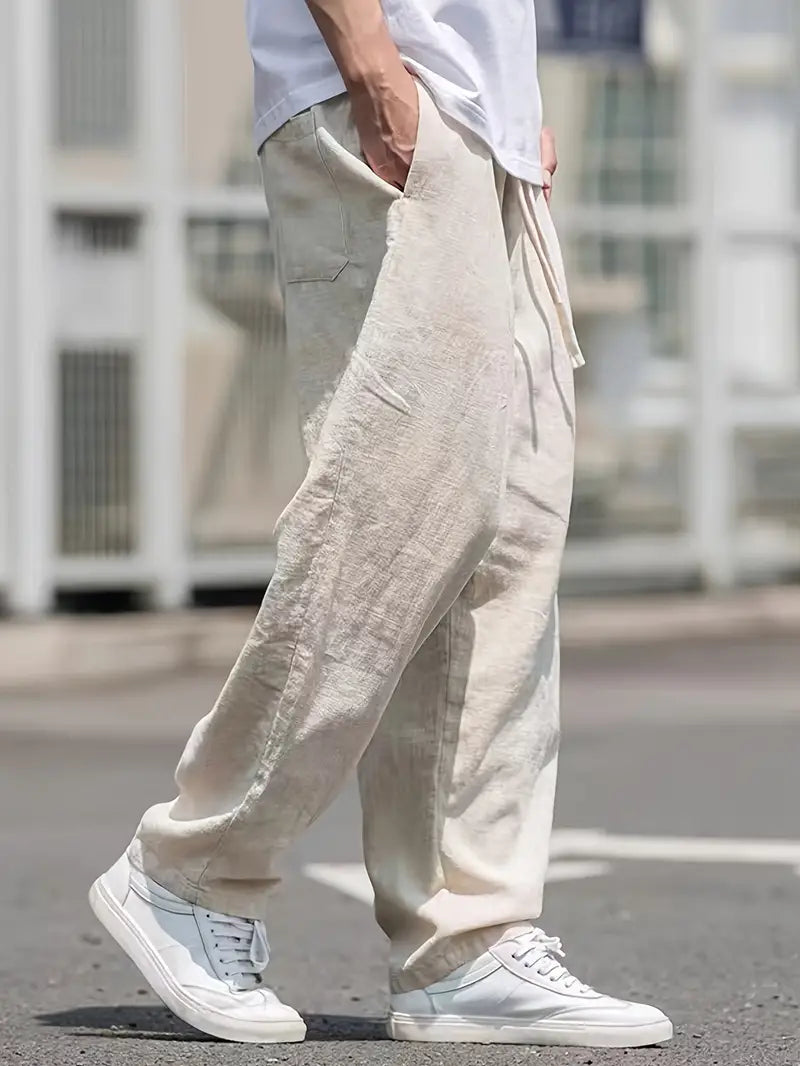 Men's Casual Linen Pants Beige Breathable Relaxed Fit — Image 2