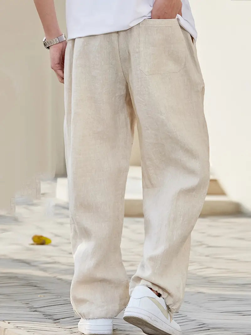 Men's Casual Linen Pants Beige Breathable Relaxed Fit — Image 3