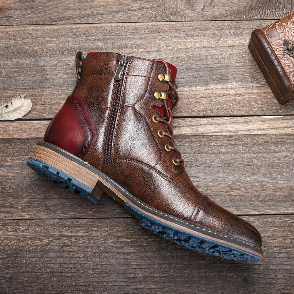 Men's Brown Leather Ankle Boots with Red Accents and Sturdy Sole — Image 2