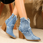 Stylish Denim Ankle Boots for Women with Frayed Edges and Block Heel — Image 3