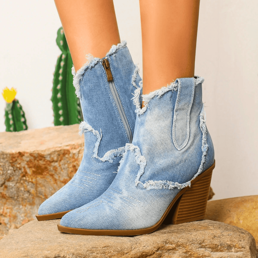 Stylish Denim Ankle Boots for Women with Frayed Edges and Block Heel — Main Image