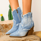 Stylish Denim Ankle Boots for Women with Frayed Edges and Block Heel — Main Image