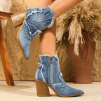 Stylish Denim Ankle Boots for Women with Frayed Edges and Block Heel — Image 4