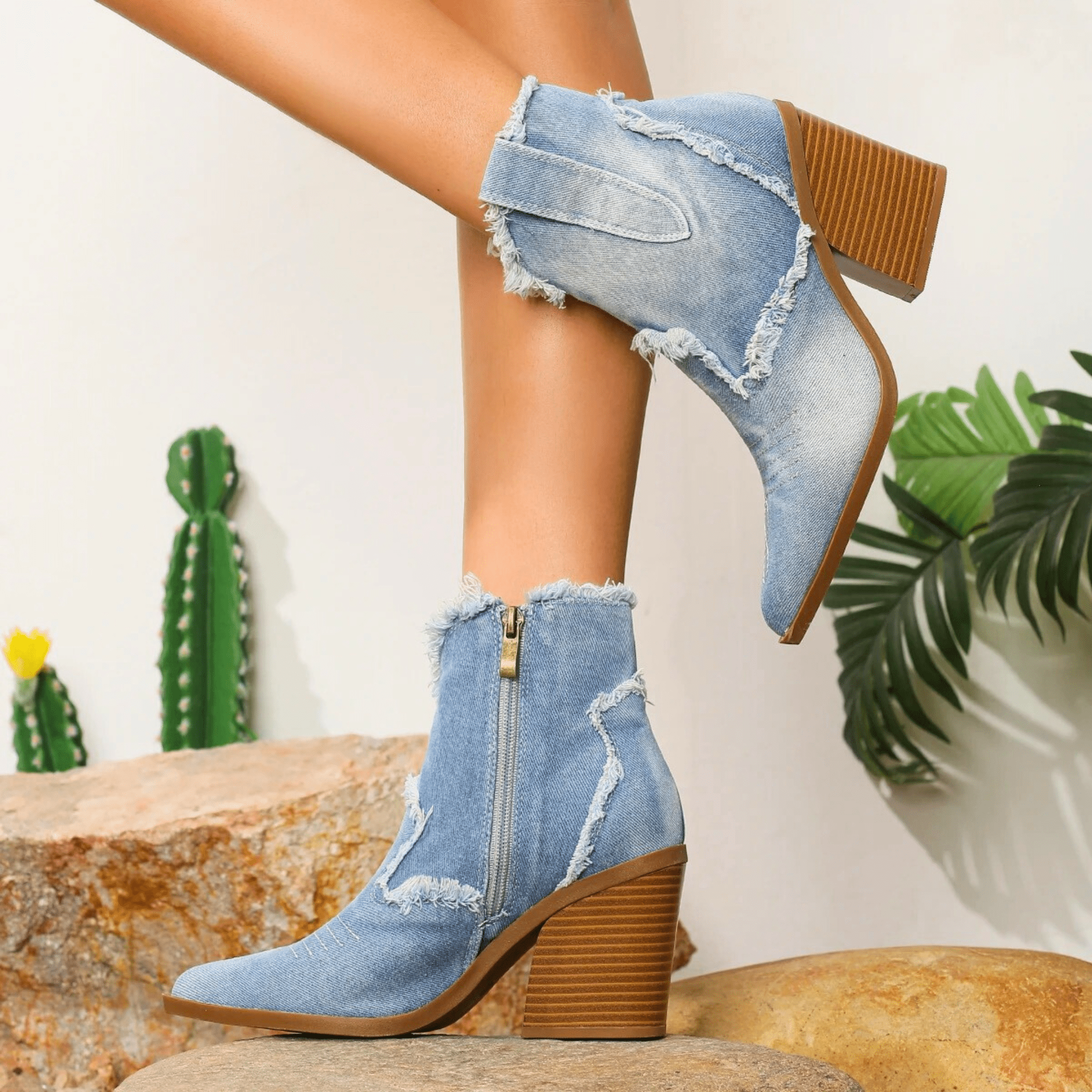 Stylish Denim Ankle Boots for Women with Frayed Edges and Block Heel — Image 2