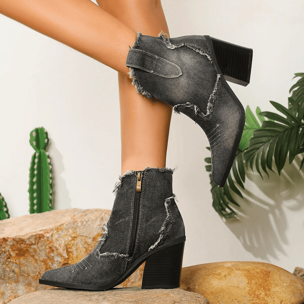 Stylish Denim Ankle Boots for Women with Frayed Edges and Block Heel — Image 7