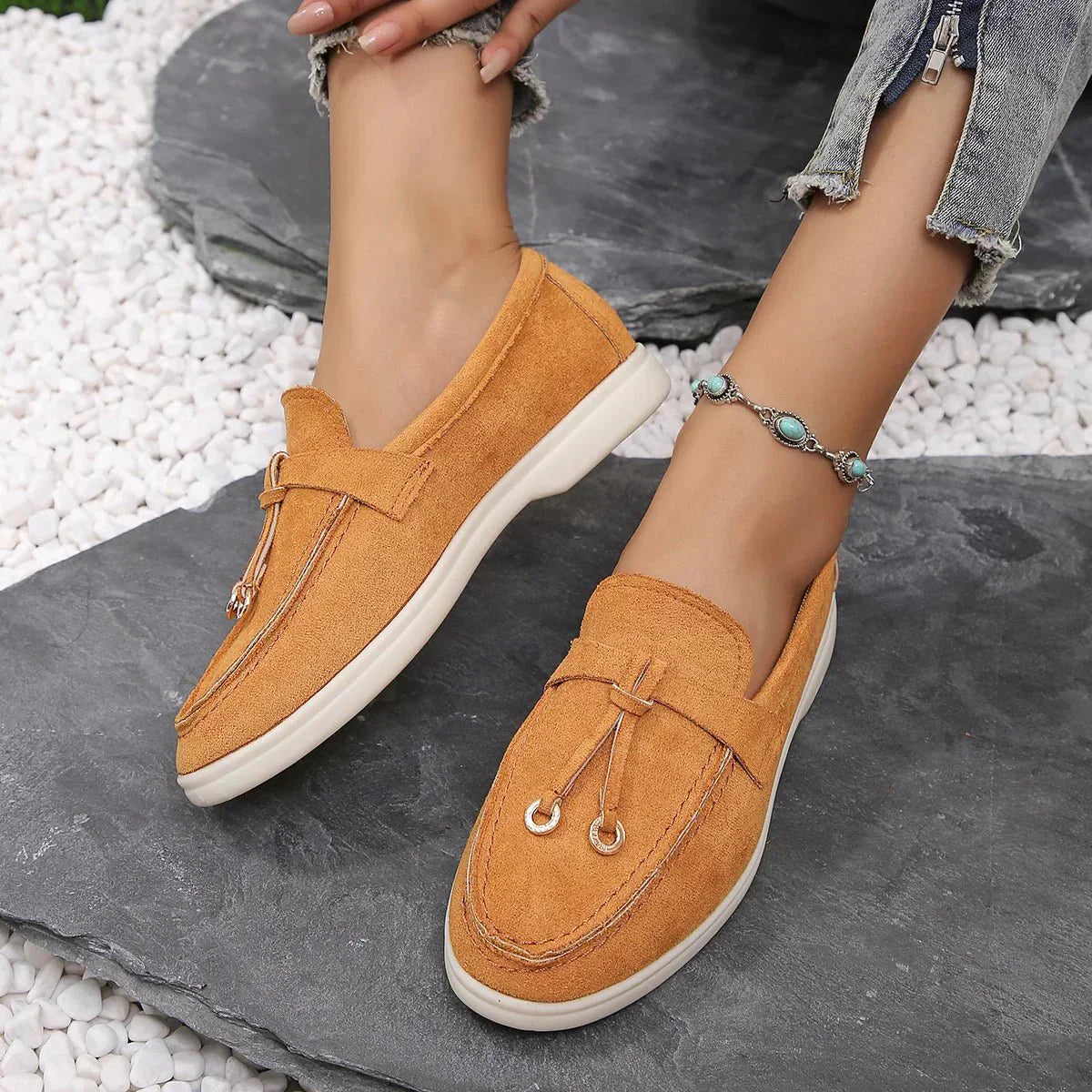 Brand Women's Suede Loafers Slip-On Moccasins Comfortable Lightweight Tassel Detail Casual Shoes — Image 4