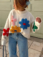 Women's Knit Sweater Floral Pattern Pullover Soft Wool Blend Cozy Casual Wear — Main Image