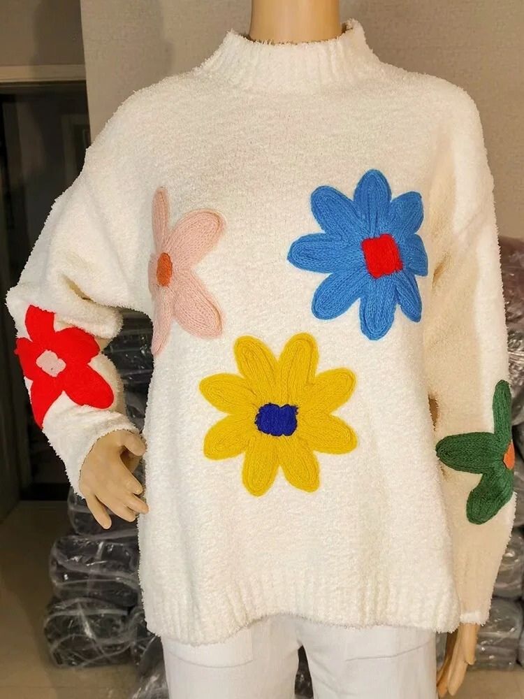 Women's Knit Sweater Floral Pattern Pullover Soft Wool Blend Cozy Casual Wear — Image 3