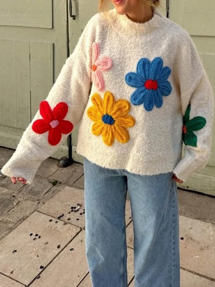 Women's Knit Sweater Floral Pattern Pullover Soft Wool Blend Cozy Casual Wear — Image 2