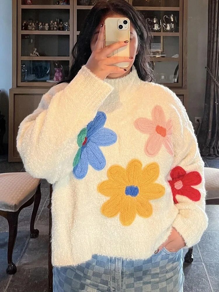 Women's Knit Sweater Floral Pattern Pullover Soft Wool Blend Cozy Casual Wear — Image 4